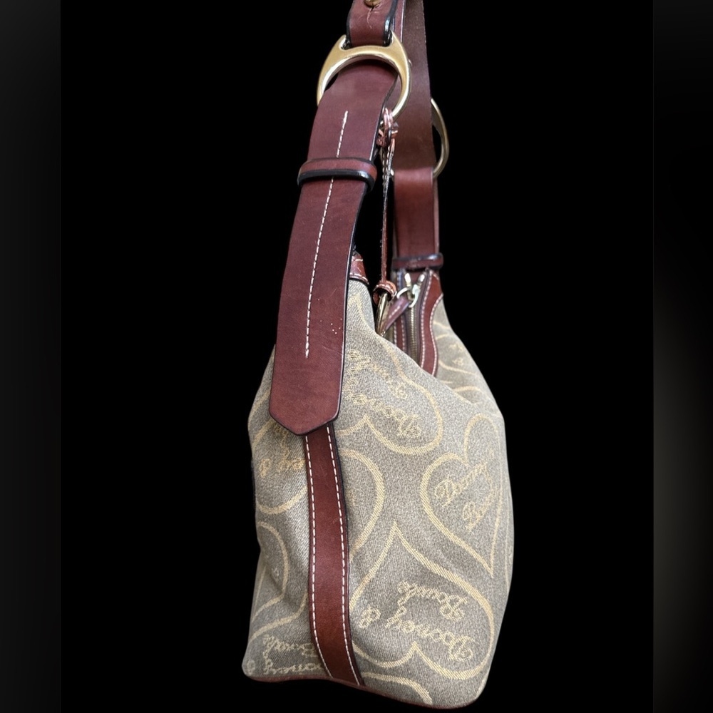 Vtg Dooney Bourke Denim Heart Olive Green & Amber Signature Bag Slouch Purse - Picture 2 of 10